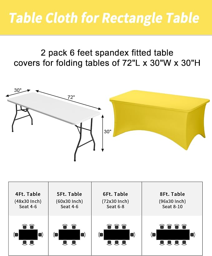 Fixwal Yellow Stretch Table Cloth Rectangle 2 Pack 6Ft, Spandex Fitted Table Covers Washable for Party, Trade Show, Banquet, Wedding, Buffet