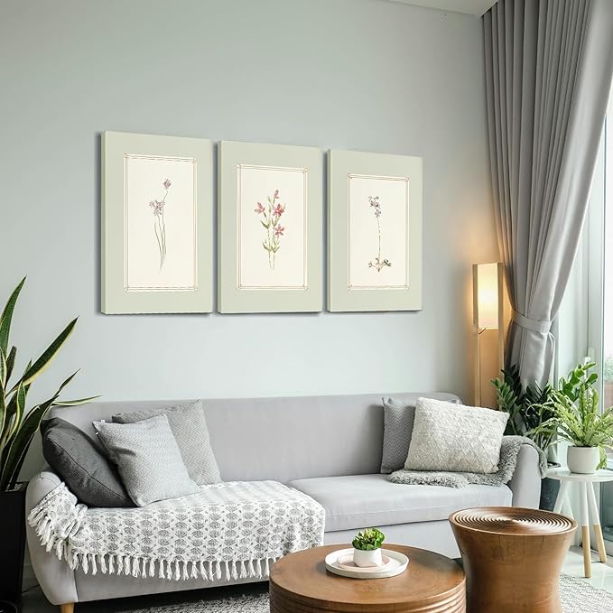 3pcs Framed Simple Vintage Floral Botanical Flower Wall Art Decor Canvas Print Natural Plant Artwork Wall Painting Poster Gallery Bedroom Living Room Office Decor 16x24 Inch Ready to Hang