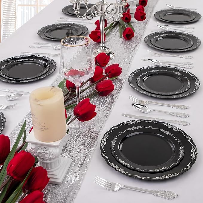 DaYammi 150 Pcs Black Silver Plastic Plates & Silver Plastic Silverware,Black silver Disposable plates for Include 30 Dinner Plate,30 Dessert Plate,30 Knives,30 Forks,30 Spoons for Party Wedding
