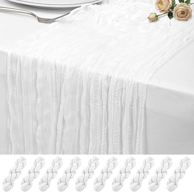 10 Pack White Cheesecloth Table Runner 17x108 Inch Semi Sheer Boho Rustic Gauze Cheese Cloth Table Runners for Wedding Party Birthday Baby Shower Home Décor
