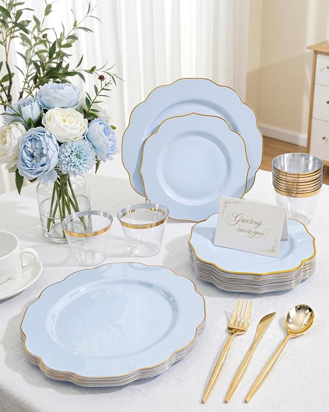 bUCLA 180PCS Blue Plastic Plates - Disposable Light Blue with Gold Rim - Include 30 Each (Dinner & Salad) Plates, 30 Knives, 30 Forks, 30 Spoons, 30 Cups for Party, Party, Birthday & Shower