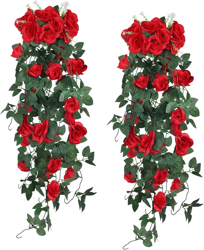 RECUTMS Artificial Red Roses Fake Hanging Flowers Plants, 2PCS 37 Inches Silk Floral Ivy Garland for Indoor Outdoors Home Garden Front Door Porch Wedding Derby Party Arch Valentines Greenery Decor