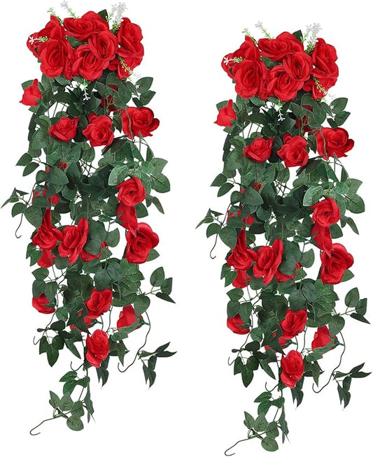 RECUTMS Artificial Hanging Rose Flowers for Outdoors 2PCS 3.3Ft Rose Vine Garlands for Decoration Artificial Hanging Plants for Home Living Room Garden Wedding Indoor Outside Decor