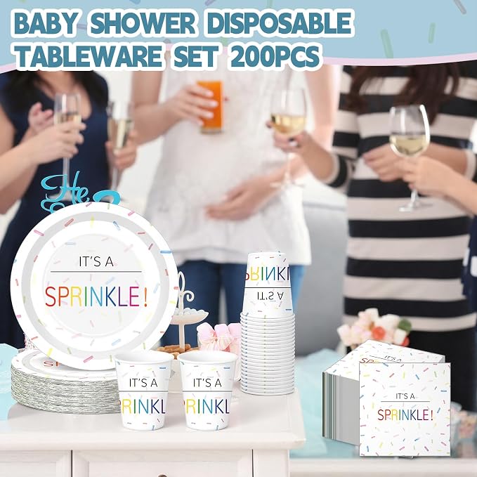 Hushee 200 Pcs It's a Sprinkle Baby Shower Paper Plates Cups Napkins Party Supplies Tableware Set Disposable Cup Napkin for 50 Guest Party Decoration