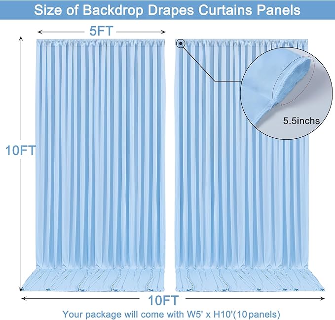 50x10ft Baby Blue Backdrop Curtain for Wedding Parties Wrinkle Free Fabric Light Blue Drapes Backdrop Decoration for Baby Shower Birthday Photography Decoration 10 Panels, 5ft x 10ft