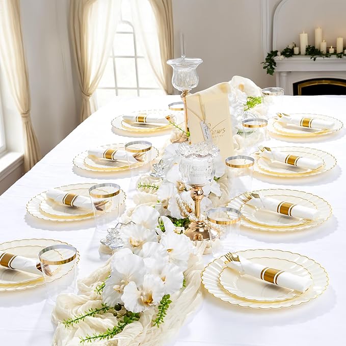 YOUBET 350PCS Ivory Scalloped Plastic Plates - Ivory and Gold Disposable Dinnerware Set Include 100 Plates, 150 Gold Silverware, 50 Cups, 50 Napkins for Wedding & Party