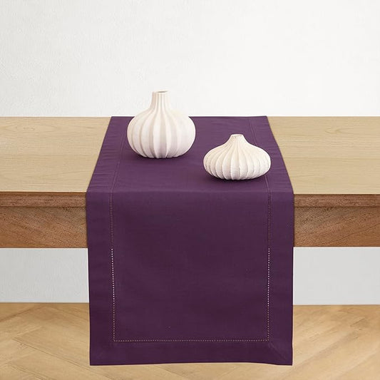Solino Home Purple Table Runner 90 Inches Long - Cotton Linen Hemstitch 14 x 90 Inch Table Runner for Dining, Mothers Day