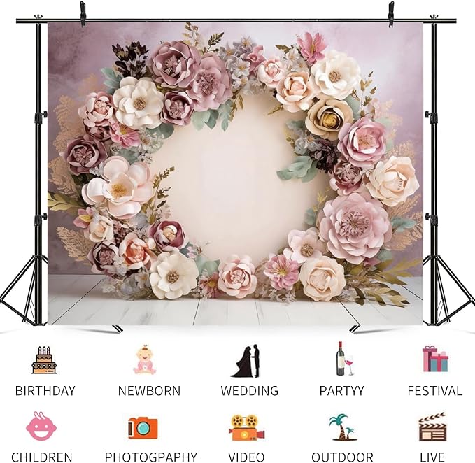 7x5ft Wedding Backdrop Purple Pink Floral Theme Photography Background White Flower Garland Green Leaves Bridal Shower Banner Decorations Girls Birthday Party Baby Portrait Photo Booth Prop