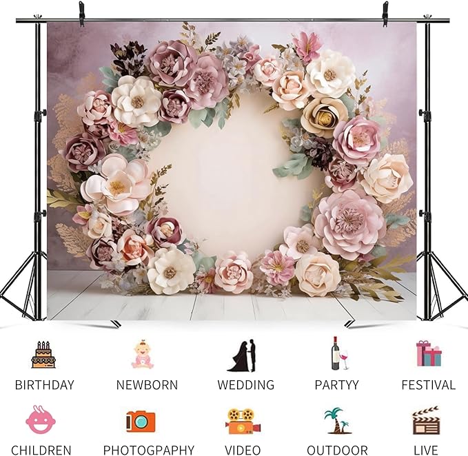 5x4ft Wedding Backdrop Purple Pink Floral Theme Photography Background White Flower Garland Green Leaves Bridal Shower Banner Decorations Girls Birthday Party Baby Portrait Photo Booth Prop