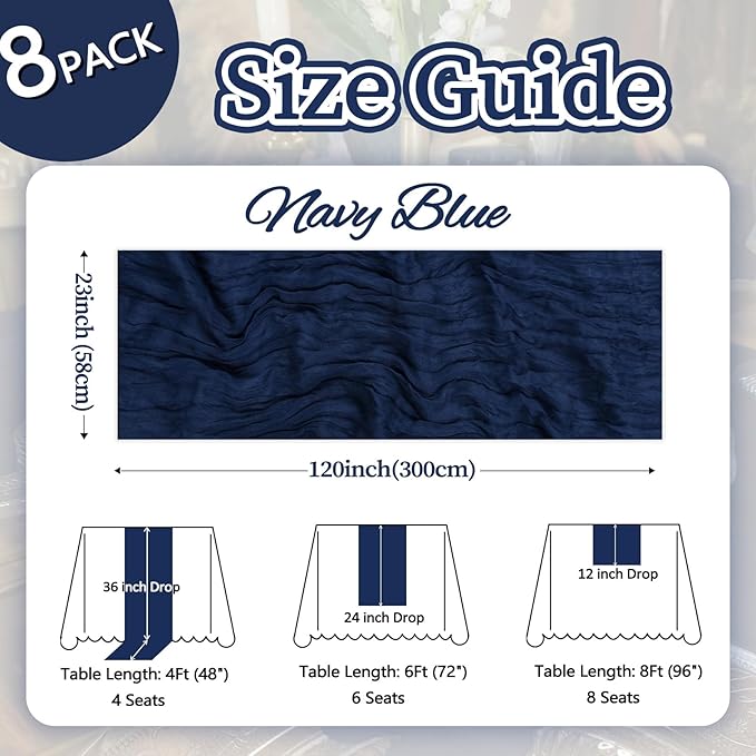 8 Pack Navy Blue Cheesecloth Table Runner 10ft Boho Gauze Fabric 120 Inch Cheese Cloth Table Runner Rustic Sheer for Holiday Baby Shower Party Décor Home Wedding Decoration
