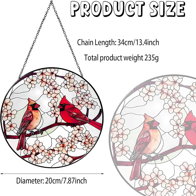 Cardinal Sun Catcher 8'' Stained Glass Window Hanging Cardinal Decor Gifts for Women Christmas Handmade Sun Catcher Decoration for Garden Home Housewarming Gifts Mother Day