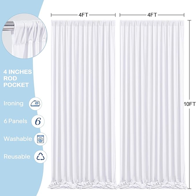 6 Panels White Backdrop Curtains - Wrinkle Free Fabric Backdrop Curtain for Photoshoot,10ft Wedding Party Photo Backdrop Drapes for Birthday Baby Shower Photography Stage Background Decorations