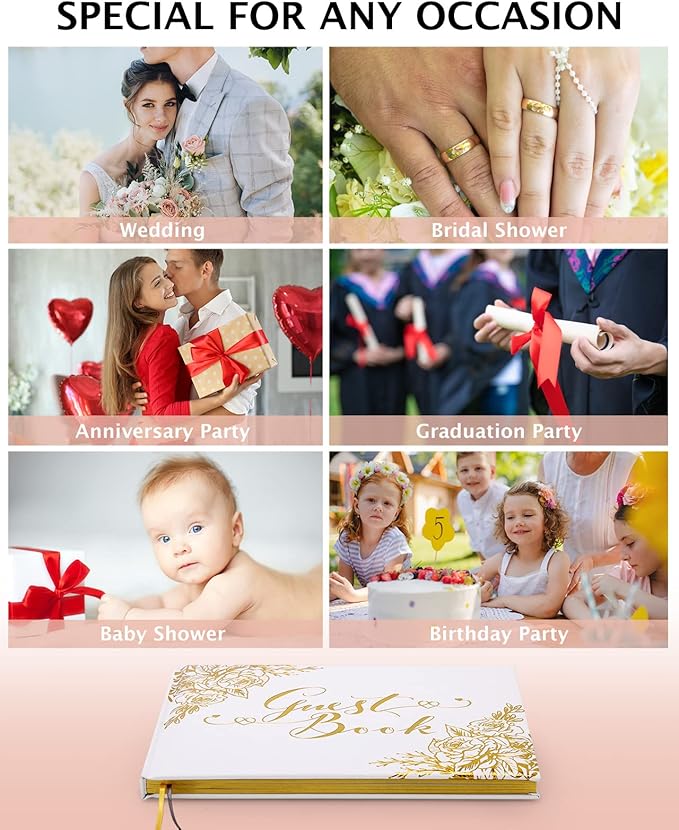 Wedding Guest Book - Guest Book Wedding Reception with Pens - 9x7'' Personalized Wedding Guestbook Photo Album Sign in Book - Gold Foil Hardcover & Gilded Edges, for Weddings, Baby Shower, Party