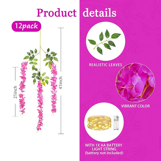 12 Pack Purple Red Wisteria Hanging Flowers Garland with Lights, 3.44 Feet Artificial Flower Vines, Fake Wisteria, Artificial Vines Hanging Garland for Backdrop Outdoor Patio Garden Decor