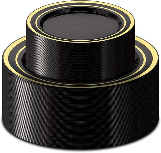 BESTSTAR 100PCS Black Plastic Plates Set with Gold Rim, 50 10.25 inch Dinner Plates and 50 7.5 inch Dessert Plates, Premium Disposable Plates forfor Party, Wedding, Holiday