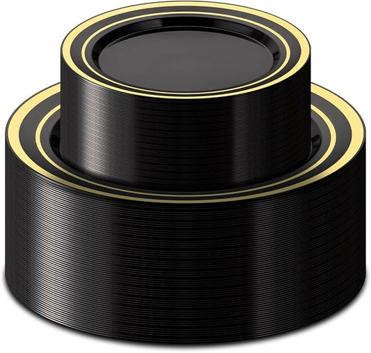 BESTSTAR 100PCS Black Plastic Plates Set with Gold Rim, 50 10.25 inch Dinner Plates and 50 7.5 inch Dessert Plates, Premium Disposable Plates forfor Party, Wedding, Holiday