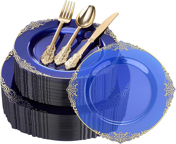 Goodluck 250 PCS Vintage Translucent Blue & Gold Rim Plastic Plates with Cutlery Set - Serves 50 - Heavy Duty Elegant Disposable Dinnerware for Baby Shower, Ocean Theme Party