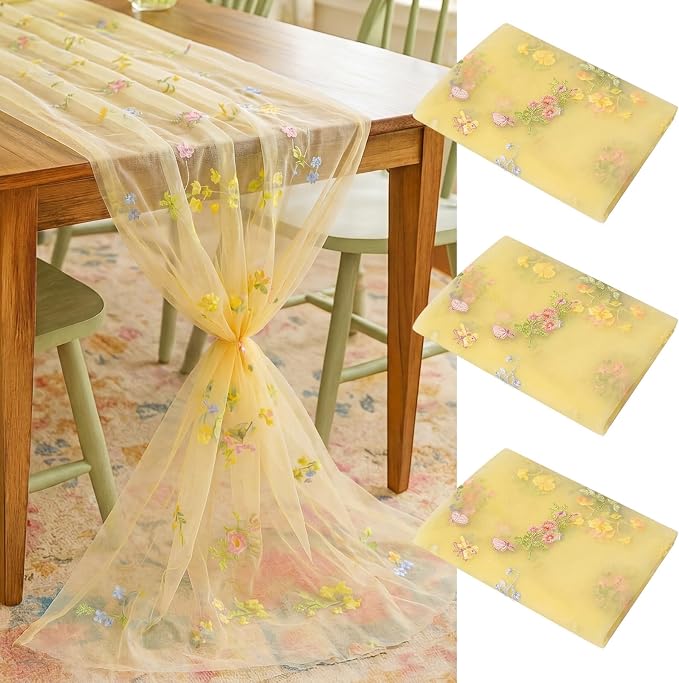Lounsweer 3 Pcs Yellow Wildflower Table Runner 10ft Embroidery Tulle Spring Floral Table Runner Seasonal Summer Butterfly Kitchen Dining Gauze Decoration for Wedding Baby Shower Birthday Party