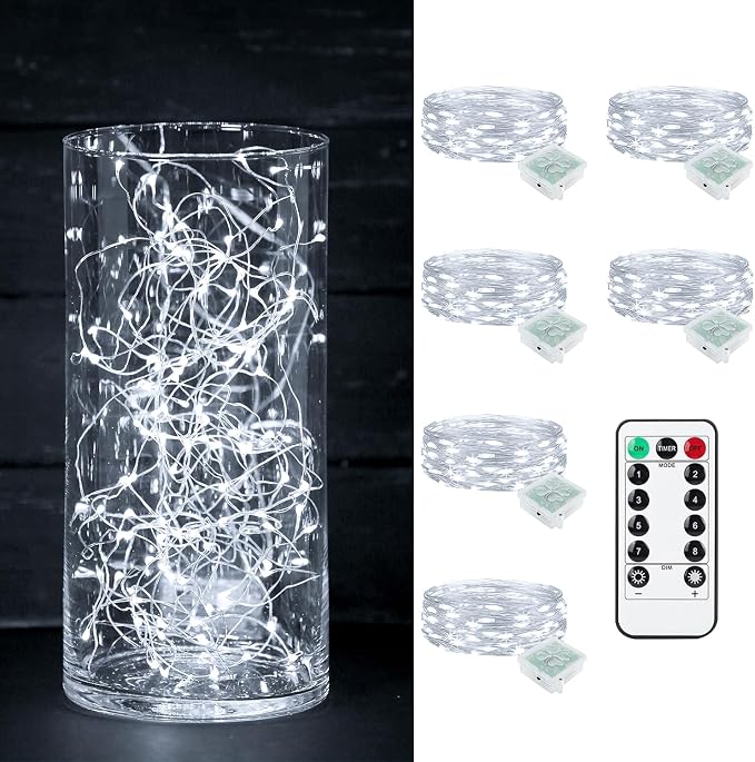 6 Pack Fairy Lights Battery Operated with Remote Timer 8 Lighting Modes,7ft 20 LED Waterproof Mini String Lights for Halloween Christmas Table Centerpieces Bedroom Decorations,White