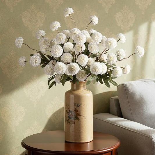 10pcs Faux White Kiku Flowers, 5 Heads Each Stem & 4 Branches Eucalyptus Stems, Artificial Small Mini Chrysanthemum Flowers for Aesthetic Room Decor, Floral Arrangements Centerpiece
