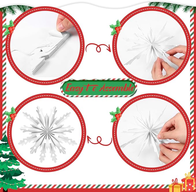 Fuyoooo 12 Pcs Snowflakes Hanging Decorations Blue Purple White Paper Fans Hollow Snowflakes Ceiling Hangings Decor Ice Birthday Fans Decor for Wedding Birthday Holiday Party Decoration(White)