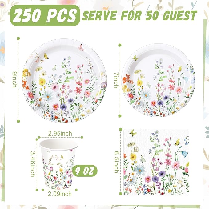 Ziliny 250 Pcs Wildflower Party Decorations Include Spring Summer Floral Paper Plates Napkins and Cups for Wildflower Baby Shower Tea Decorations, Serve 50 Guest(Vivid, Blossom Style)