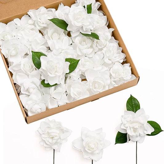 Ling's moment Flowers 25pcs 2.7" Fake Gardenia White Artificial Flowers with Stem, Fake Flowers for DIY Wedding Decorations Centerpieces Bouquets Boutonnieres（Flores Artificiales para Decoracion）