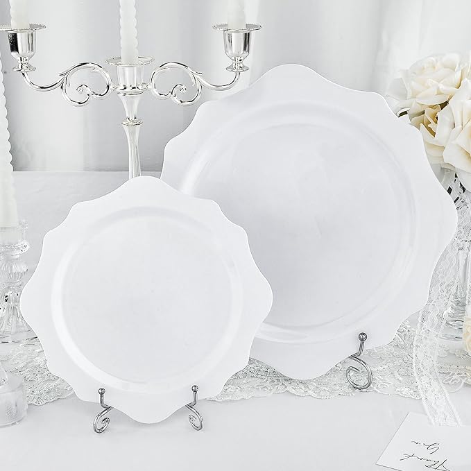 realluck 100 PCS White Disposable Plates for 50 Guests, Scalloped Plastic Plates Include 50 Dinner Plates and 50 Dessert Plates for Party, Wedding