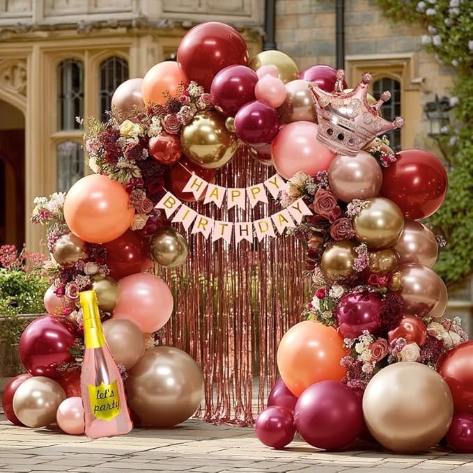 Burgundy Birthday Decorations, Double Stuffed Dark Red Pink Gold Pearl Balloons Happy Birthday Banner Fringe Curtain Foil Balloons for Women Girls Birthday Mother's Day Bridal Shower Party Supplies