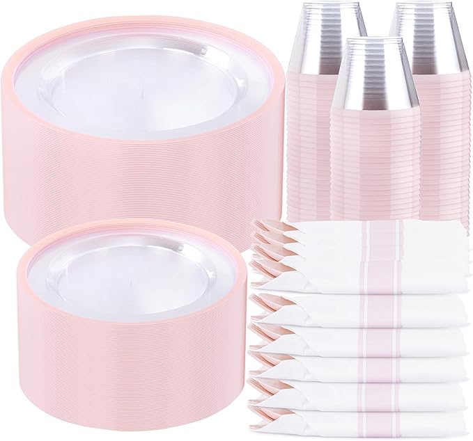 I00000 210 Pcs Clear Pink Plates for 30 Guests, Pink Dinnerware Include 60 Plates, 30 Cups, 30 Pre Rolled Napkins with Cutlery Set for Party and Wedding