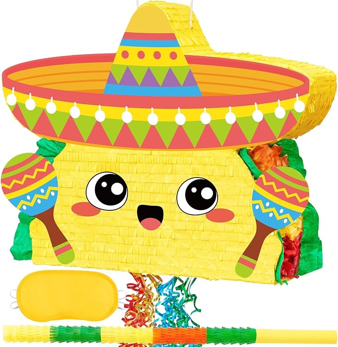 WERNNSAI Large 21" Taco Piñata - Cinco De Mayo Fiesta Theme Taco Piñata with Blindfold and Bat for Mexican Birthday Party Decorations Carnivals Festivals Supplies