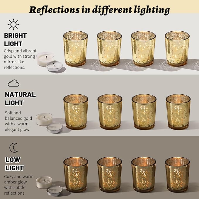 LETINE 48pcs Gold Votive Candle Holders – Glass Tea Light Candles Holder, Standard Votive Size for Regular Votive Candles – Bulk Candle Holder for Party Decorations, Bridal Shower, Holiday Decor