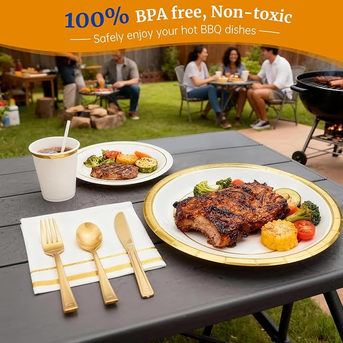AIRE 175PCS White Gold Paper Plates Party Supplies Dinnerware Sets for 25 Guests, Disposable Paper Party Plates, Cups and Napkins, Gold Plastic Forks Knives Spoons for Wedding Birthday BBQ Parties
