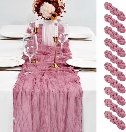 10 Pack Dusty Rose Table Runner 10Ft Cheesecloth Table Runner Boho Gauze Table Runners Romantic Long Sheer Fabric Cheese Cloth Table Runners for Wedding Party Bridal Shower(Dusty Rose)
