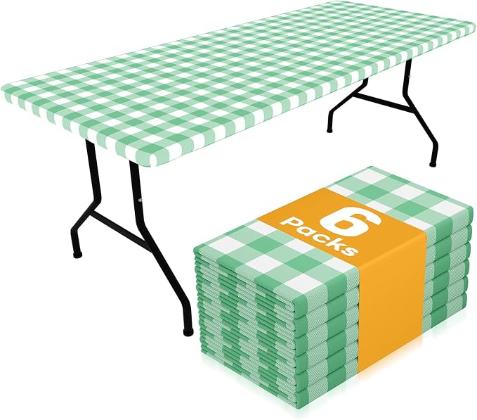 Smiry Picnic Table Cloth 6 Pack, Waterproof Elastic Fitted Tablecloths for 4FT Rectangle Tables, Washable Polyester Buffalo Plaid Tablecloth for Camping & Outdoor (Sage Green & White, 30" x 48")