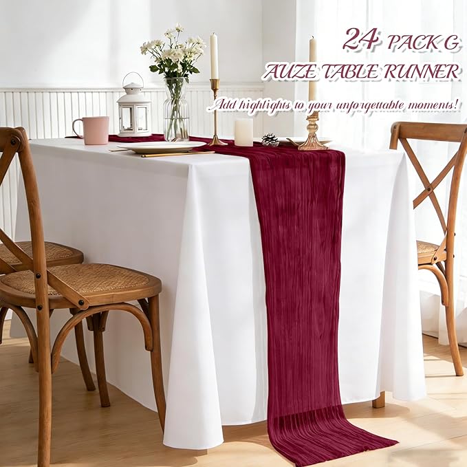 Pesonlook 24 Pack Cheesecloth Table Runner,Burgundy Table Runner Long Romantic Semi Sheer Rustic Boho Gauze Table Runners for Wedding Bridal Shower Birthday Party Decorations(17.7×108 Inch)