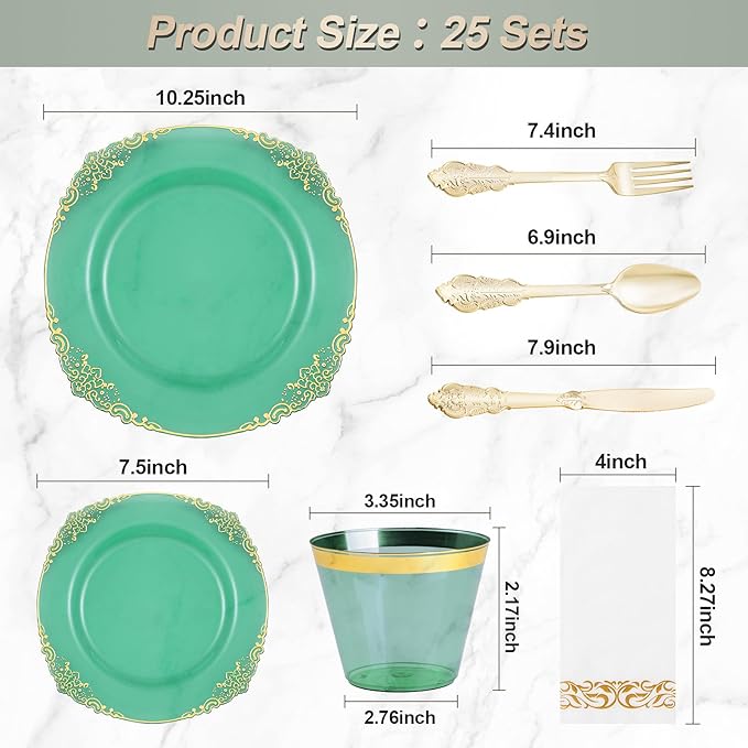 Bestluck 175PCS Clear Green Plastic Plates for 25 Guests, Disposable Plates with Gold Trim include 50 Dinner Plates, 75 Gold Silverware, 25 Cups, 25 Napkins for Party, Wedding and Graduation