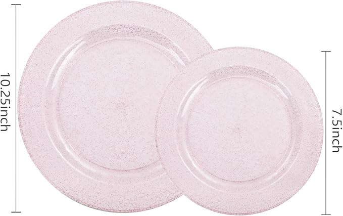 WDF 120pcs Pink Plastic Plates Disposable - Clear Pink Glitter Plates including 60PCS Dinner Plates 10.25inch and 60PCS Salad Plates 7.5inch for Wedding Baby Shower Spring Birthday