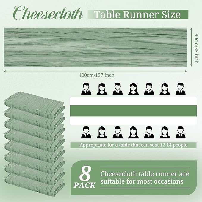 Pesonlook 8 Pack Boho Rustic Sage Green Cheesecloth Table Runner, 35x157 Inch, Textured Pattern, Wedding Party Bridal Shower Decoration