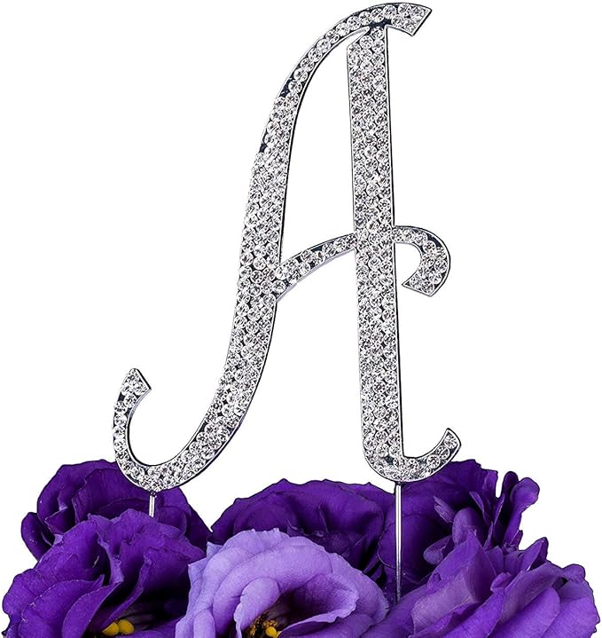 LOVENJOY Gift-Boxed 3.3" Sparkly Crystal Rhinestone Letter A Cake Topper Silver
