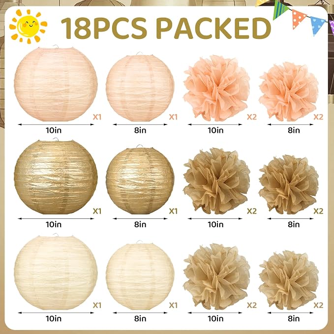 18pcs Champagne-Gold Paper Lanterns Decoration Gold White Hanging Décor Pom Poms Paper Flower Party Supply for Baby Shower Wedding Valentine Birthday Party