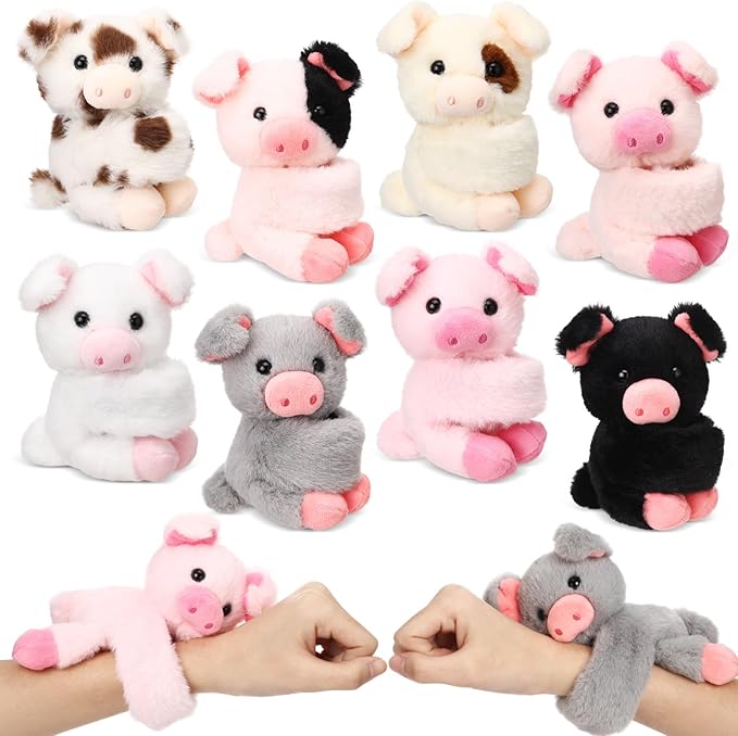 Liliful 8 Pack Kids Plush Gifts Stuffed Animal Cat Slap Bracelets - 8 Inch Back to School Prize Box Toys Wrist Cute Snap Birthday Rewards for Boys Girls Child Pet Adoption Party Favors(Pig)