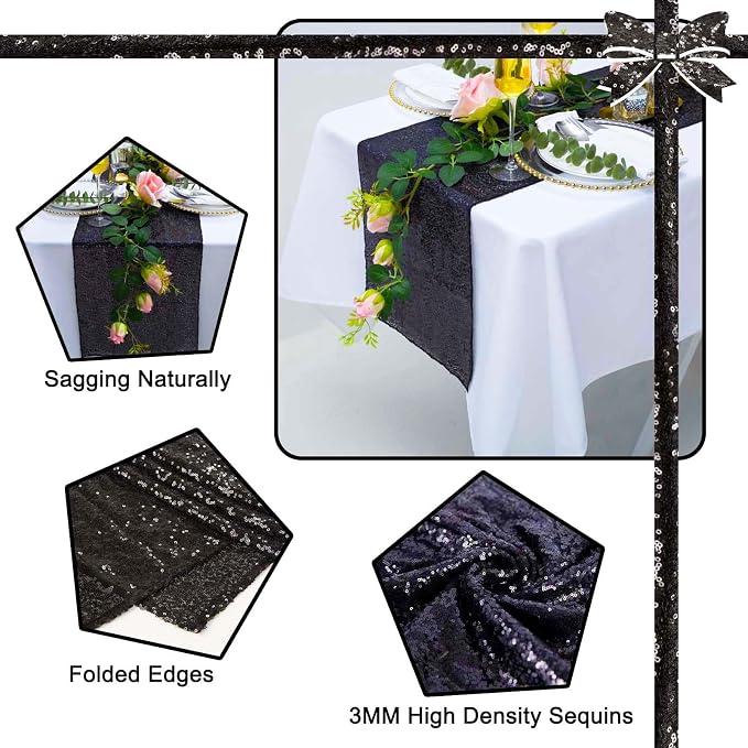 12 Pack Black Sequin Table Runner 12x72 Inch, High Density Sparkly Glitter Table Runners for Wedding Reception, Birthday Party, Banquet, Baby Shower,Halloween, Black Metallic Shimmering Decor