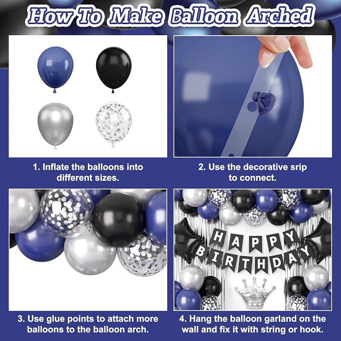 Navy Blue and Black Birthday Decorations for Men, Black Blue Confetti Balloon with 'HAPPY BIRTHDAY' Banner Fringe Curtains Crown Foil Balloons Cake Topper for Men Boys Adults Party Decor