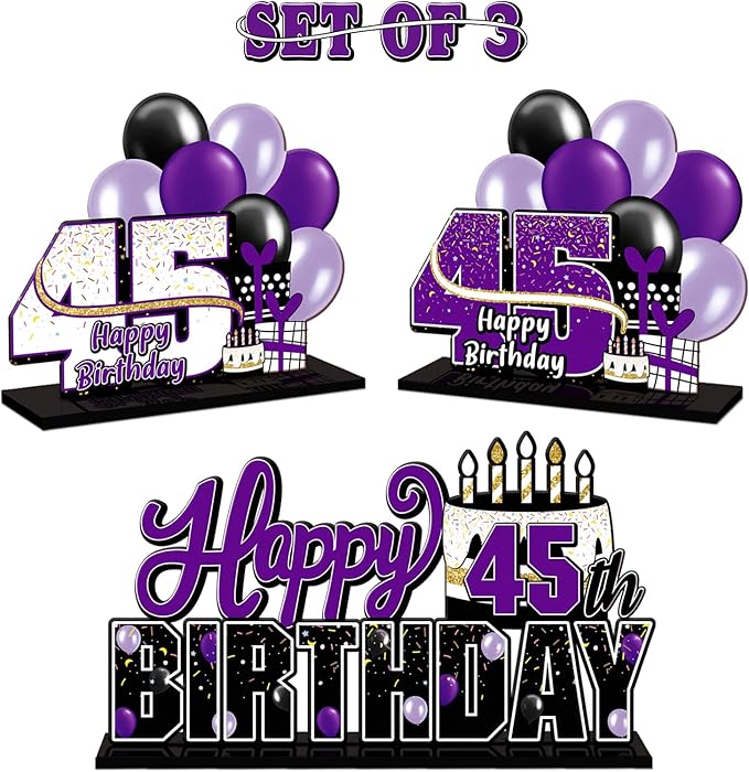 LINGTEER Happy 45th Birthday Purple Acrylic Table Topper Centerpieces Set - Cheers to 45 Years Old Birthday 45th Bday Party Gift Decorations.