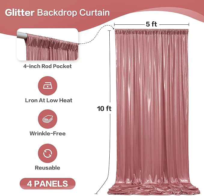 gogoparti 20x10FT Rose Gold Sequin Backdrop Curtain - 4 Panels of 5x10FT Wrinkle-Free Glitter Drapes for Photography, Birthdays, Weddings & Graduations