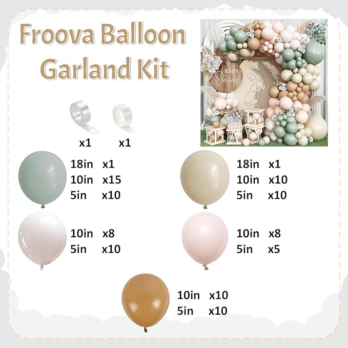 Dusty Green Neutral Balloon Garland Arch Kit, Sage Green Nude Cream Sand White Light Brown Pastel Blush Pink Double Stuffed Balloons for Baby Bridal Shower Wedding Birthday Boho Party Decorations
