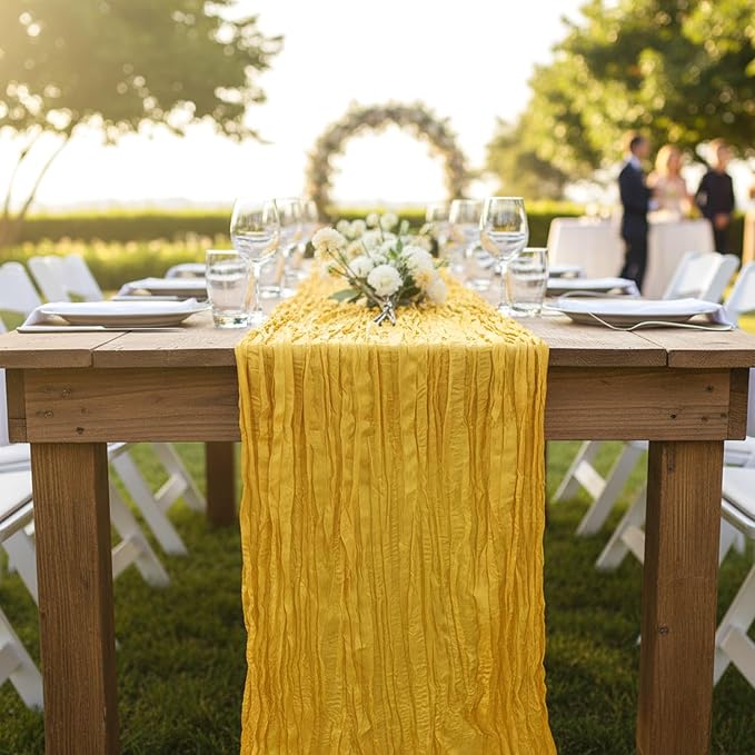 Gold Cheesecloth Table Runner 120 Inch 10FT Yellow Cheese Cloth Fabric Runners 1 Pack for Spring Home Decor, Birthday, Banquet, Wedding Decoration