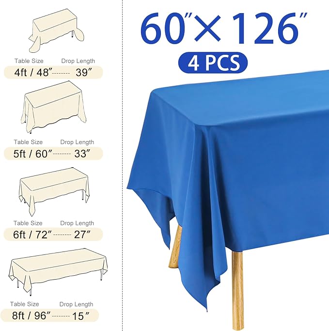 4 Pack Rectangle Tablecloth 60x126 Inch Blue Washable Polyester Table Cover for Wedding Dining Table Buffet Parties Banquet Decoration（Blue）