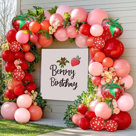 Strawberry Balloon Arch Kit Double Stuffed, Pastel Red Baby Pink Coral Balloon Garland with 18in Strawberry Foil for Berry First Birthday Baby Shower Sweet Mothers Day Wedding Party